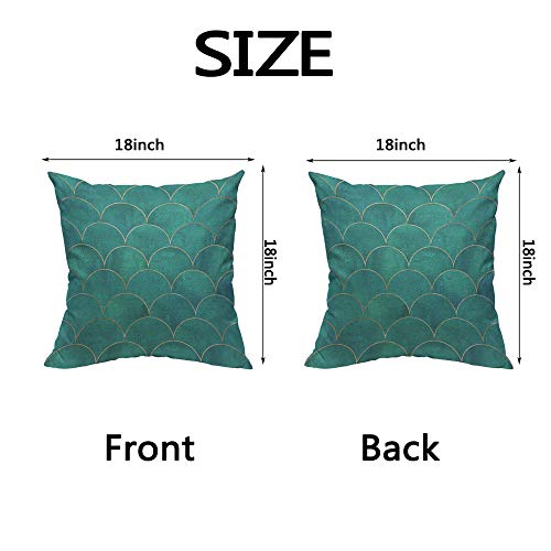 HOSNYE Mermaid Fish Scale Wave Throw Pillow Case Cushion Covers Watercolor Dark Teal Turquoise with Gold Line Cotton Linen for Couch Bed Sofa Car Waist 18 x 18 inch - Image 2