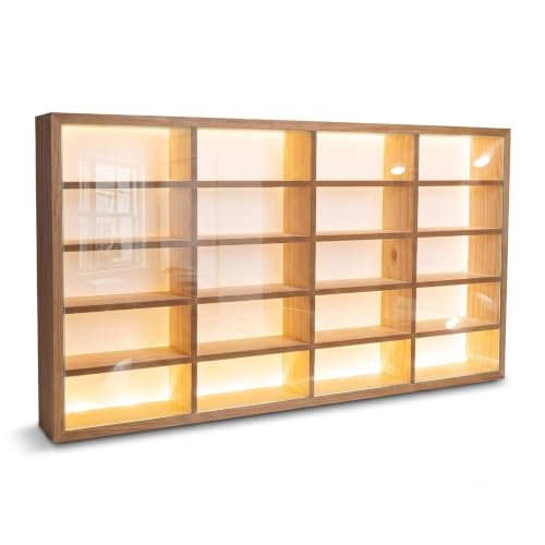 Image of BestofCRAFT Wooden Display for Cars LED 20-Compartment Die Cast Case - Polished Smooth Finish Display for 1:64 | Rack for Hot Wheels, Matchbox & Miniature Cars (with Acrylic Cover)