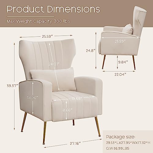 Accentchairssetof2upholsteredvelvetmoderncomfywingbackarmchairforlivingroombedroomsinglesofachairwithpillowsbeige  Urban Country Home Decor Accent chairs set of 2 upholstered velvet modern comfy wingback armchair for living room bedroom single sofa chair with pillows beige  urban country home decor