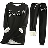 QJDFLL Damen Herbst und Winter Bequemer, lässiger Rundhalsausschnitt, Langarm, Plus Fleece Hemd, Hose mit elastischer Taille, verdickter Slim Fit, Warmer Anzug(Schwarz,XL)