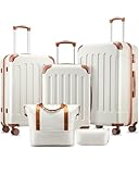 YOETEY Luggage Sets 5 Piece, Hardside Suitcase with Wheels, TSA Approved, White Brown