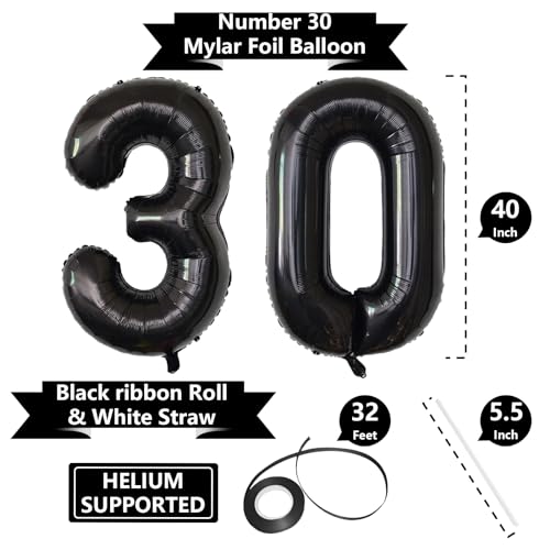 Image of Number Balloons Black Party Balloon - Giant Number 30 Balloon, 40 Inch Large Balloon for 30th Birthday Decorations, Black Party Supplies for Men Women