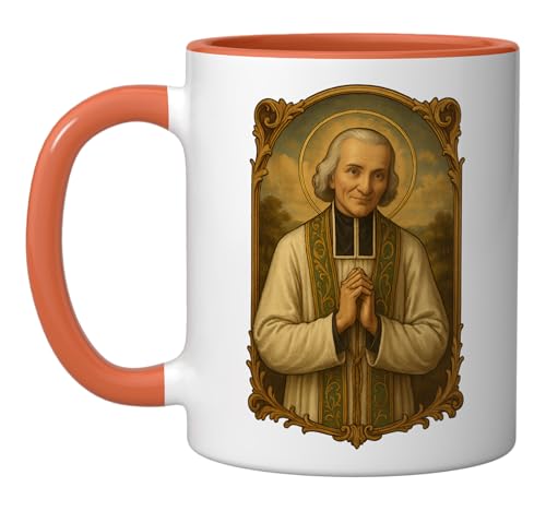Taza cerámica tradicional Saint John Vianney naranja/blanca miniatura 1