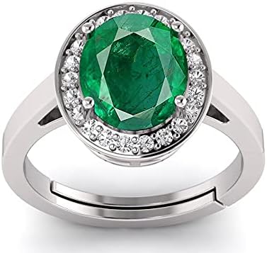 Natural 7.25 Ratti Lab Certified Emerald Panna 925 Sterling Silver Oval Shape Solitaire Adjustable Ring