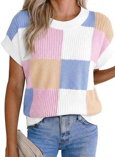 EVALESS Short Sleeve Sweater for Women Knit Tank Top, Beau Blue, Large