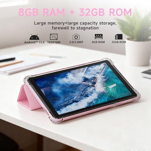 Image of PEICHENG Tablet with Protective Case, 7 inch IPS 1024 * 600 Android 15.0 Tab PC RAM 8GB(3+5Expand)+ROM 32GB Bluetooth 5.0 WiFi6 2.4G+5G 2MP+5MP Dual Cameras (Pink)