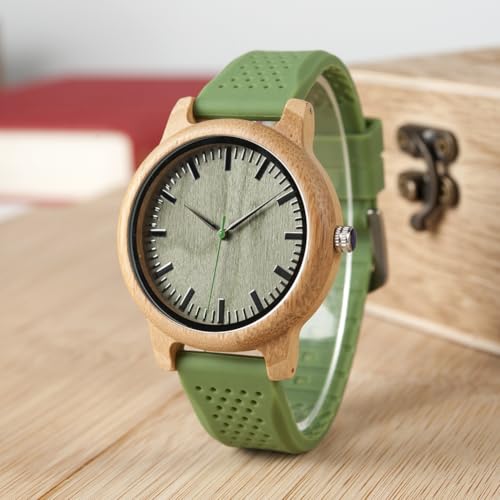 Bobo Bird Unisex Bamboo Quartz Wooden Watch with Green Silicone Strap for Men and Women