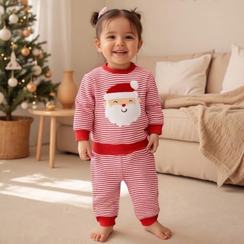 Karuedoo Toddler Baby Boy Girl Christmas Outfit Santa/Christmas Tree Embroidery Striped Waffle Knit Sweatshirt and Pants Set3