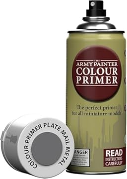 The Army Painter Colour Primer Plate Mail Metal, 400 mL Acrylic Spray Primer, Spray Paint Basecoat for Miniature Priming, Tabletop Roleplaying, Boardgames, and Wargames Miniature Modelling