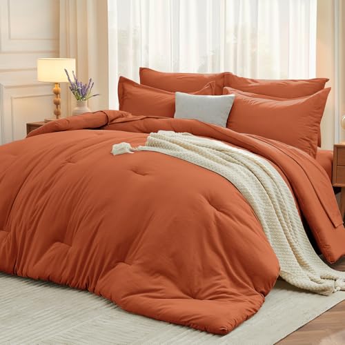 MUXHOMO 5 Pieces Twin Comforter Set, Soft Bed in a Bag Twin Size, All Season Bedding Set with Comforter, Flat Sheet, Fitted Sheet, Pillowcases & Shams, Burnt Orange