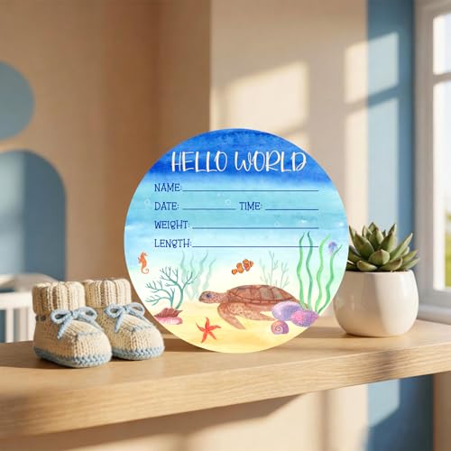 Image of Ocean Baby Announcement Sign, Wooden Nursery Name Decor 6in | Ocean Themed Wooden Name Sign for Newborn Announcement, Nursery Decor, or Baby Shower Gifts, Records Baby's Name & Stats