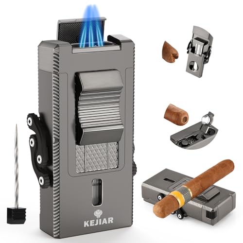 KEJIAR Cigar Torch Lighter, Windproof Refillable Butane Lighter with Cigar V Cutter, Cigar Punch,