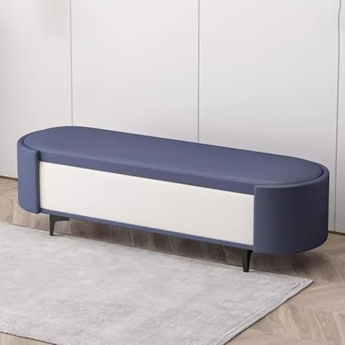 Banc de rangement fin de lit cuir bleu pour chambre encombrée, 47 pouces