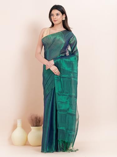 Image of Women's Tissue Cotton Saree | Plain Lightweight Tassel Pallu Saree with Blouse