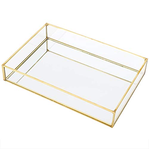 Vintage Metal Glass Storage Box Gold Tray Jewelry Cosmetics Display Boxes (11.8 x 7.9 x 2.2inch)