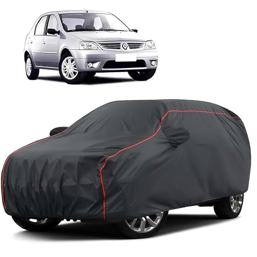 Image of Sulfar 100% Water Resistant Car Body Cover Compatible with Mirror for Renault Logan (Triple Stitched, Full Bottom Elastic, Dark Grey Taffeta with Red Piping)