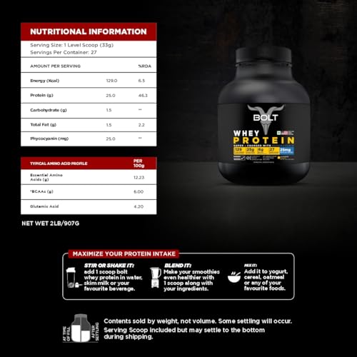 Image of Bolt 100% Whey Protein Powder| 25g Protein Per Scoop, 6G BCAA | Alphonso Mango | 27 Servings | 2lb,907G| Muscle Recovery | Lean Muscle Support | Low Carb | Fast Absorption |Gluten-Free | Easy to Digest