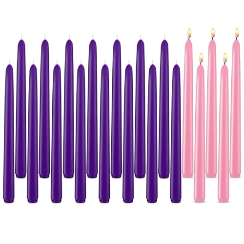 20 Pack Advent Candle Set 15 Purple 5 Pink Taper Candles 10 Inch Smokless and Dripless Candlesticks for Advent Christmas and Seasonal Celebration