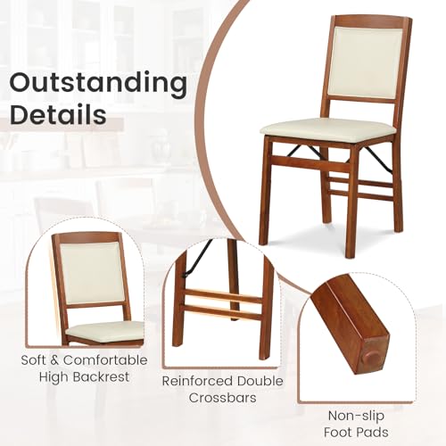 Image of COSTWAY Folding Dining Chairs Set of 2, Wooden Kitchen Side Chairs w /Padded Seat, Solid Wood Frame, 400 LBS Load Bearing, No Assembly Needed, Vintage Foldable Chairs for Dining Living Room, Walnut