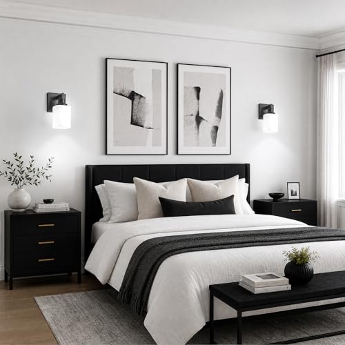 Image of Set of 2 Wall Sconces for Bathroom, Black Bathroom Vanity Light,Modern Wall Sconces Indoor with Square Frosted Glass,Farmhouse Wall Lamp for Bedroom Living Room Mirror Hallway