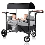Rovique Bollerwagen faltbar mit 2 Sitze,Premium Bollerwagen für 2 Kinder mit Dach Kinderwagen Handwagen mit 5-Punkt-Gurt,Snack Tablett,Sonnenschutzdach,geländegängigen PU-Rädern,grau