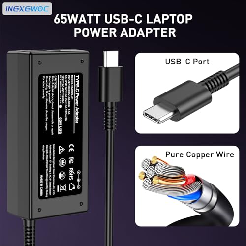 Image of Universal 65W USB C Laptop Charger Compatible with Lenovo,HP, Dell, Acer, Asus, Samsung, Google and More, for Office, School, and Family