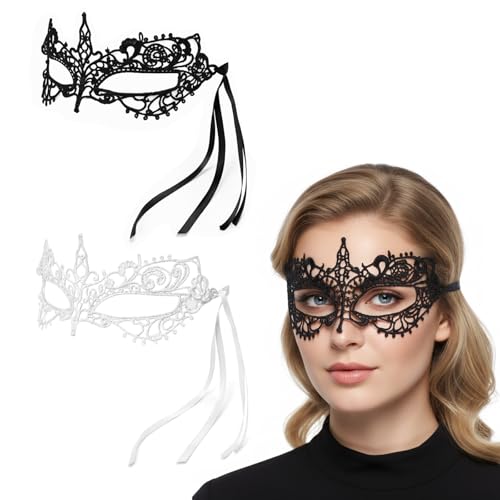 SULIKJHUI 2 Pcs Lace Masquerade Masks for Women Masquerade Ball Mask Black & White Knight Style Black Mask Masquerades Elegant Lace Eye Cover for Halloween Party & Costume