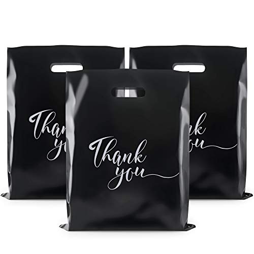 Rainbows & Lilies 100 Thank You Bags, 12x15 Plastic Bags with Handles, Shopping Bags for Boutique, Retail, Gifts, Goodie Bags - Thick Reusable Bags (Black)