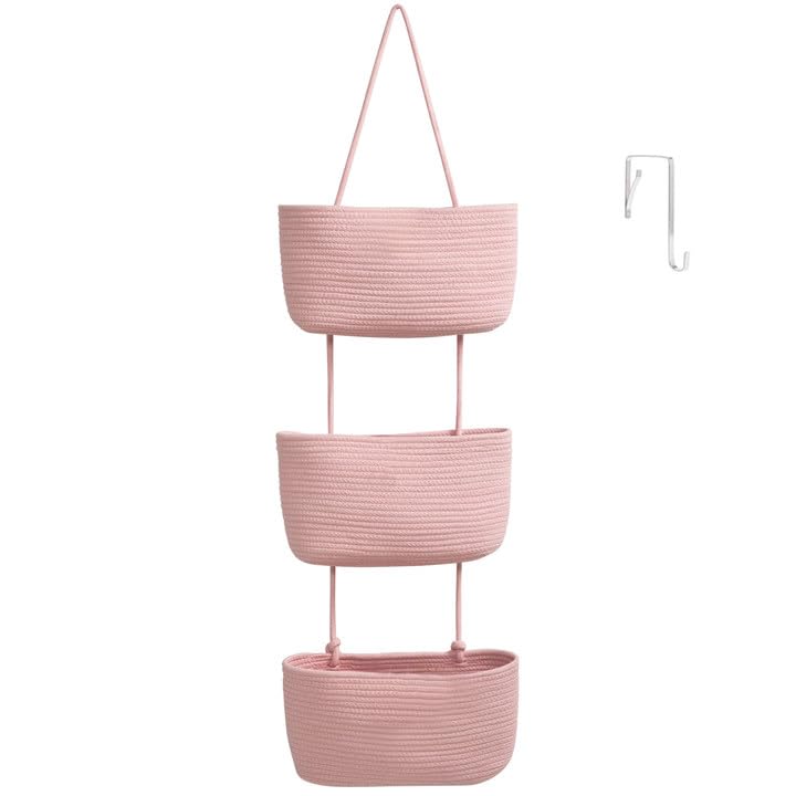 Image of TeoKJ Over the Door Hanging Basket, 3-Tier Woven Cotton Wall-Mounted Storage Organizer Bag Decorative Hanging Nursery Baskets, Pink