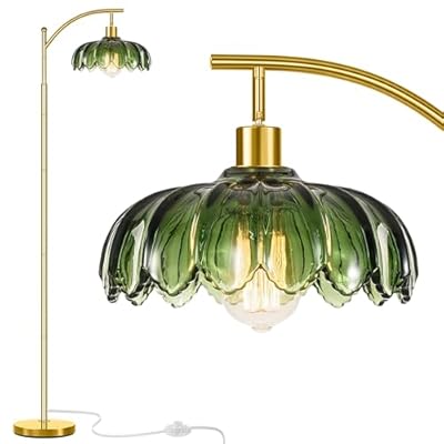 Gold Floor Lamp for Living Room,Unique Vintage Standing Tall Lamp,Mid Century Modern Floor Lamps Arc Green Glass Floor Lamps for Office Corner
