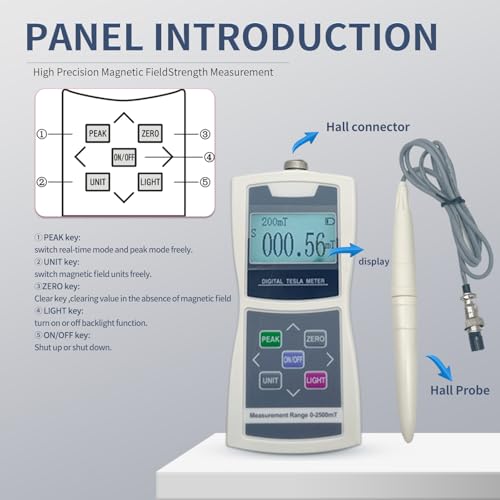 Image of Digital Tesla Meter Handheld Gaussmeter Surface Magnetic Field Tester 0-2500mT Accuracy ±5% with N /S Function for Measuring Surface Magnetic Field of Permanent,Mechanical Parts,Magnetic Separator
