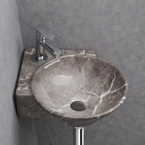 Image of REMOTION Wall Mounted Wash Basin for Bathroom | Wall Hung Corner Sink | Ceramic Round Wall Hung Wash Basin | Wall Hung Small Corner Basin (16.3 x 13.8 x 4.3 Inch) (Designer Grey)