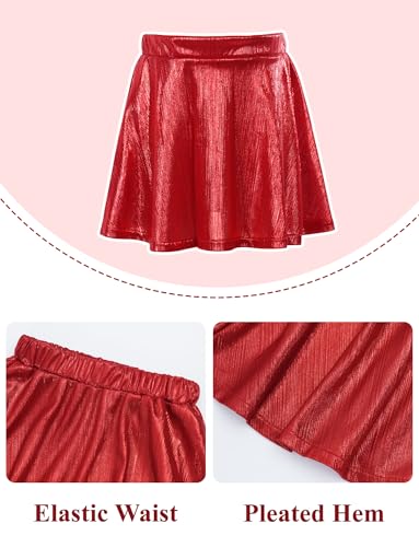Image of Happy Cherry Kid Girl Shiny Skirt and Top Set 2 Piece Texture Ribbed Metallic Disco Rave Cheer Outfit 4-12T