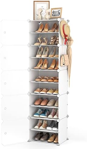 LANTEFUL 10 Tiers Tall Shoe Rack 20 Pair Shoe Organizer Narrow Shoe Rack with Door Portable Shoe Storage Cabinet with Hooks Sturdy Plastic White Shoe Rack for Entryway and Bedroom