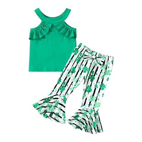 Guodeunh Toddler Baby Girl St Patrick's Day Clothes Ruffle Sleeveless Halter Tank Top Clover Stripe Bell Bottoms Outfits, Green Stripes, 18-24 Months Cover