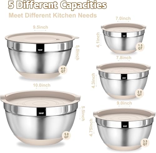Image of Stainless Steel Mixing Bowls with Lids Set, 3 Grater Attachments, Airtight Lids, Non-Slip Silicone Base Mixing Bowl Set, Large Prep Metal Mixing Bowls for Kitchen, Khaki