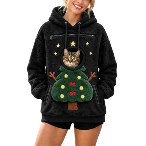 Womens Christmas Pullover Sweaters Cute Pet Pouch Winter Fleece Hoodies - image 1