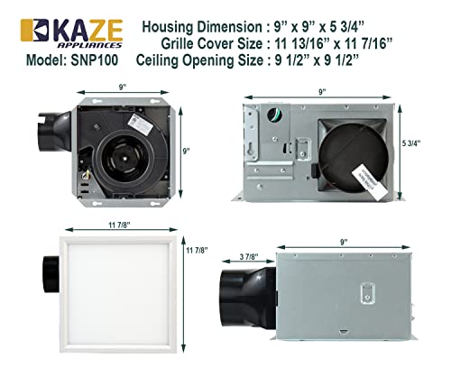 KAZE APPLIANCE SNP100L9 | 100 CFM | 0.8 Sone | Dimmable 4000K Edge Lit LED | No Attic Access Required Quiet Bathroom Ventilation Exhaust Extractor Fan KAZE APPLIANCE SNP100L9 | 100 CFM | 0.8 Sone | Dimmable 4000K Edge Lit LED | No Attic Access Required Quiet Bathroom Ventilation Exhaust Extractor Fan