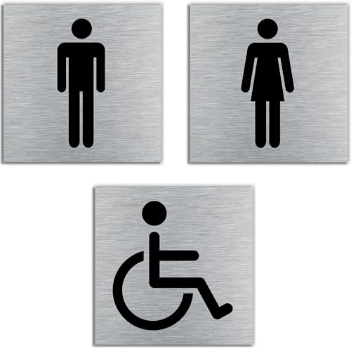 Targhete Porta Bagno In Alluminio - Set 3 Pezzi Donne/Uomini/Disabili &Oslash;75mm, Adesive E Resistenti