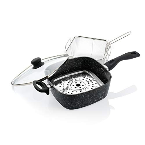 Image of Westinghouse Marble-Coated 24 cm Fry Pan with Frying Basket & Steam Rack | Non-Stick, Induction-Compatible | Stay-Cool Handle | Dishwasher Safe | PFOA-Free, Durable Cooking Essential | WCCS0009D24MBB