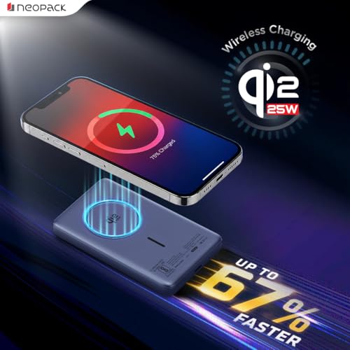 Image of Neopack Rapid Pro Magsafe Power Bank 10000 mAh with 25W Fast Wireless Charging | QI2 Technology | LED Indicator | Strong Magnetic Hold | USB-C in & Output Compatible with iPhone 12 & New Models, Blue