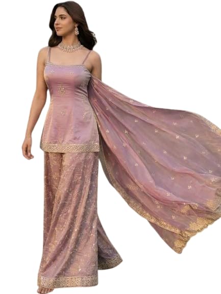 Women’s Satin Embroidered Sharara And Dupatta, Designer Ethnic Suit Set With Bits Work | Sleeveless Kurta Set Indian Outfit Treditonal Wear-picture-35