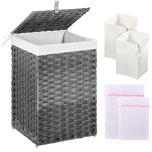 Greenstell Laundry Hamper with Lid, 60L Clothes Hamper with 2 Removable Liner Bags & 2 Mesh Laundry Bags, Handwoven Synthetic Rattan Laundry Basket for Clothes, Toys in Bathroom, Bedroom Grey by GREENSTELL - Used condition - US$26.62