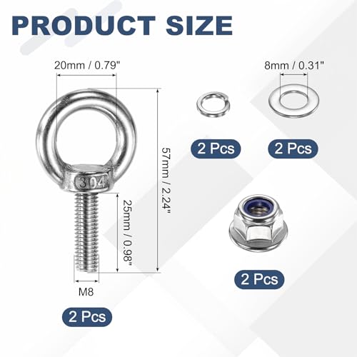 Image of PATIKIL M8 x 25mm Shoulder Eye Bolt, 2 Pcs 304 Stainless Steel Lifting Ring Threaded Eye Bolt with Flange Lock Nuts Spring and Flat Washers for Hanging Tie Down Straps Outdoor Indoor