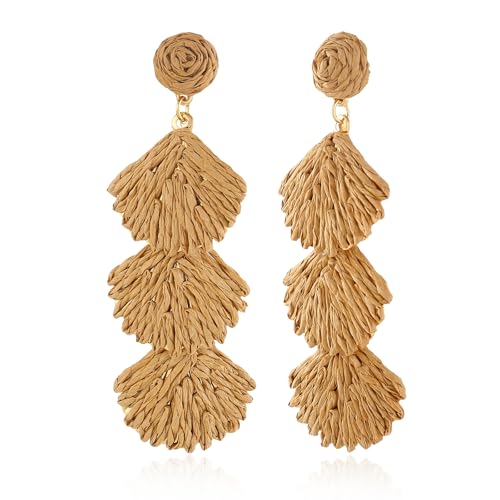 Image of Handmade Raffia Hoop Earrings Statement Tropical Bohemian Straw Dangle Earrings Natural Rattan Vacation Style Round Earrings for Women Summer Beach Party Essential Jewelry