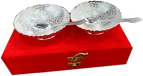 Indian Accent Silver Plated Brass 2 Bowls,2 Spoons Design with Decorative Gifting Box Set Of 4