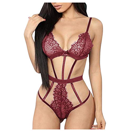 Lingerie sexy dentelle ajourée et maille transparente bordeaux avec jarretières intégrées