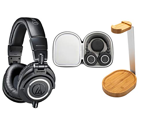 Audio-Technica ATH-M50X Studio Headphones Bundle with Knox Gear Wooden Stand and Protective Case (3 Items)