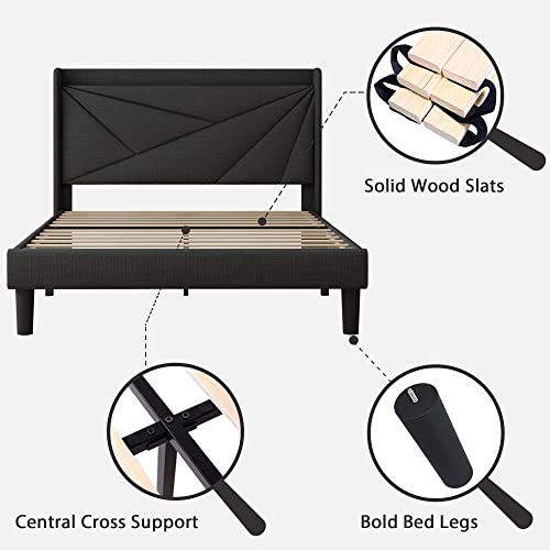Feonase Queen Bed Frame With Type-C & Usb Ports, Upholstered Platform Bed Frame With Wingback Storage Headboard, Solid Wood Slats Support, No Box Spring Needed, Noise-Free, Dark Gray #TOP7
