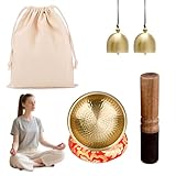 Tibetische Klangschalen Set – Handgehämmerte Meditationsklangschale Ø 8,6 cm aus Messing mit Holzklöppel, Klangschalenkissen & Tasche und 2 Messingglocken für Yoga, Meditation & Entspannung